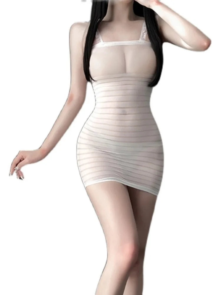 Mesh Temptress Transparent Striped Mini Tank Dress