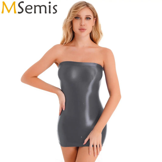 Glossy Strapless Bodycon Dress – Sexy, Stretchy Mini for Nightclub Glam!